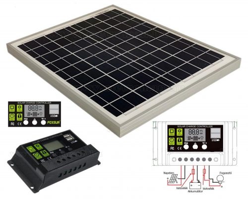 12V 20 Watt napelemes töltő szett töltésvezérlővel